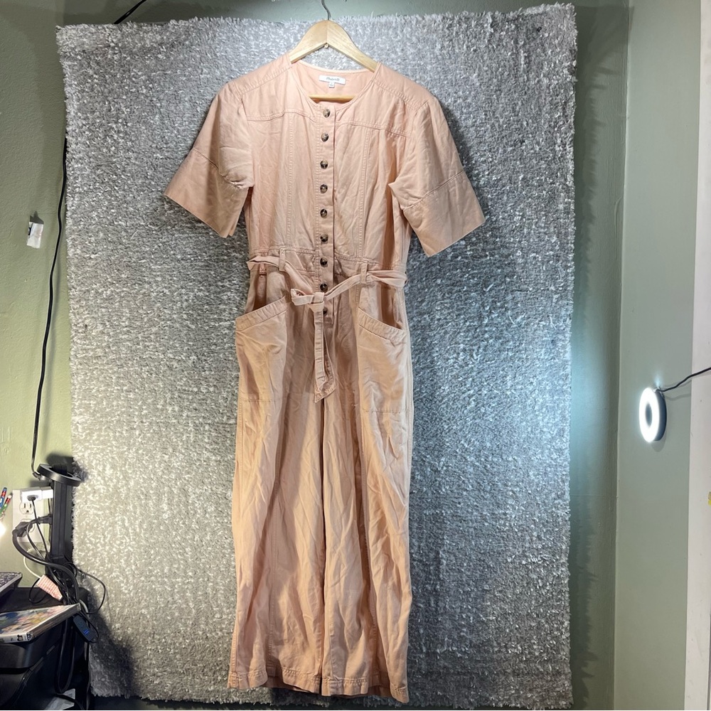 Madewell Short-Sleeve Belted Jumpsuit Pocket Button Front Peach 2 Viscose Cotton